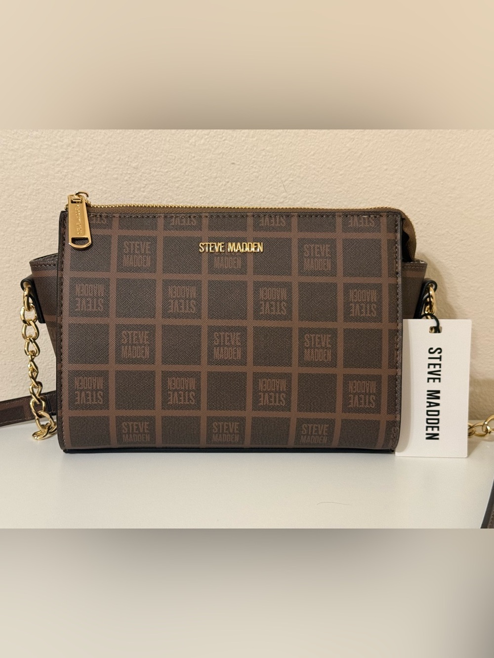 Steve Madden Brown Logo Grid Crossbody Bag
